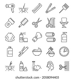 Hairdresser icon set vector isolated. Collection of line icons. Scissors, hair comb and other hair styling accessories. Salon hair care.