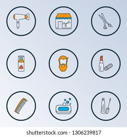 Hairdresser icons colored line set with soap, hair dryer, barbershop and other makeup elements. Isolated vector illustration hairdresser icons.