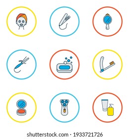Hairdresser icons colored line set with soap, beauty product, styling iron and other peeper elements. Isolated vector illustration hairdresser icons.