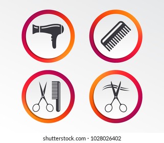 Hairdresser icons. Scissors cut hair symbol. Comb hair with hairdryer sign. Infographic design buttons. Circle templates. Vector