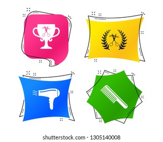 Hairdresser icons. Scissors cut hair symbol. Comb hair with hairdryer symbol. Barbershop laurel wreath winner award. Geometric colorful tags. Banners with flat icons. Trendy design. Vector