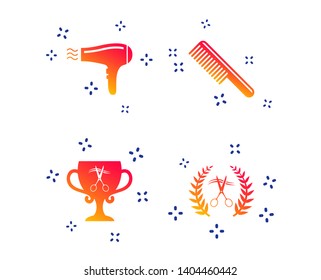 Hairdresser icons. Scissors cut hair symbol. Comb hair with hairdryer symbol. Barbershop laurel wreath winner award. Random dynamic shapes. Gradient hairdryer icon. Vector