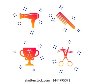 Hairdresser icons. Scissors cut hair symbol. Comb hair with hairdryer symbol. Barbershop winner award cup. Random dynamic shapes. Gradient hairdresser icon. Vector