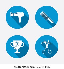 Hairdresser icons. Scissors cut hair symbol. Comb hair with hairdryer symbol. Barbershop winner award cup. Circle concept web buttons. Vector
