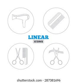 Hairdresser icons. Scissors cut hair symbol. Comb hair with hairdryer sign. Linear outline web icons. Vector