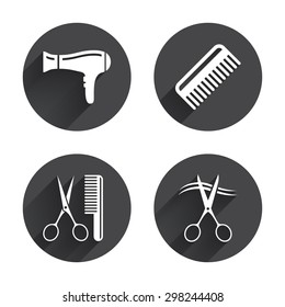 Hairdresser icons. Scissors cut hair symbol. Comb hair with hairdryer sign. Circles buttons with long flat shadow. Vector