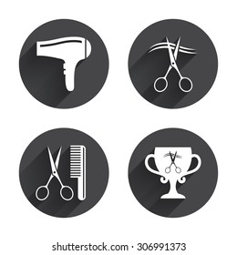 Hairdresser icons. Scissors cut hair symbol. Comb hair with hairdryer symbol. Barbershop winner award cup. Circles buttons with long flat shadow. Vector