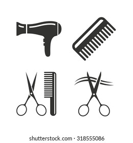 Hairdresser Icons. Scissors Cut Hair Symbol. Comb Hair With Hairdryer Sign. Flat Icons On White. Vector