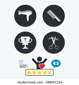 Hairdresser icons. Scissors cut hair symbol. Comb hair with hairdryer symbol. Barbershop winner award cup. Star vote ranking. Client like and think bubble. Quotes with message.