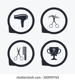 Hairdresser icons. Scissors cut hair symbol. Comb hair with hairdryer symbol. Barbershop winner award cup. Flat icon pointers.