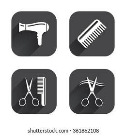 Hairdresser icons. Scissors cut hair symbol. Comb hair with hairdryer sign. Square flat buttons with long shadow.