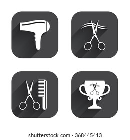 Hairdresser icons. Scissors cut hair symbol. Comb hair with hairdryer symbol. Barbershop winner award cup. Square flat buttons with long shadow.