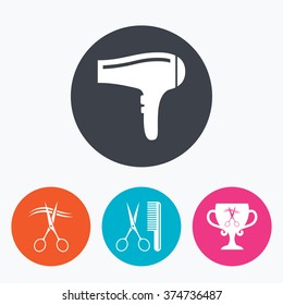 Hairdresser icons. Scissors cut hair symbol. Comb hair with hairdryer symbol. Barbershop winner award cup. Circle flat buttons with icon.