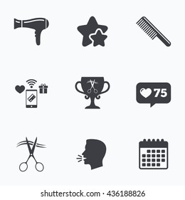 Hairdresser icons. Scissors cut hair symbol. Comb hair with hairdryer symbol. Barbershop winner award cup. Flat talking head, calendar icons. Stars, like counter icons. Vector