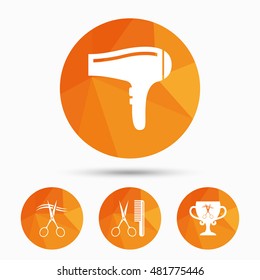 Hairdresser icons. Scissors cut hair symbol. Comb hair with hairdryer symbol. Barbershop winner award cup. Triangular low poly buttons with shadow. Vector