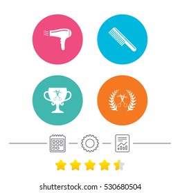 Hairdresser icons. Scissors cut hair symbol. Comb hair with hairdryer symbol. Barbershop laurel wreath winner award. Calendar, cogwheel and report linear icons. Star vote ranking. Vector