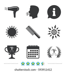 Hairdresser icons. Scissors cut hair symbol. Comb hair with hairdryer symbol. Barbershop laurel wreath winner award. Information, go to web and calendar icons. Sun and loud speak symbol. Vector