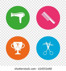 Hairdresser icons. Scissors cut hair symbol. Comb hair with hairdryer symbol. Barbershop winner award cup. Round buttons on transparent background. Vector