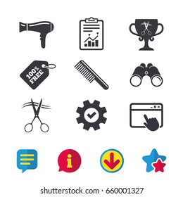 Hairdresser icons. Scissors cut hair symbol. Comb hair with hairdryer symbol. Barbershop winner award cup. Browser window, Report and Service signs. Binoculars, Information and Download icons. Vector