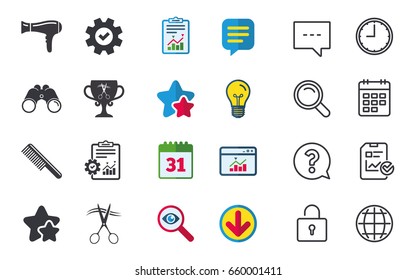 Hairdresser icons. Scissors cut hair symbol. Comb hair with hairdryer symbol. Barbershop winner award cup. Chat, Report and Calendar signs. Stars, Statistics and Download icons. Vector