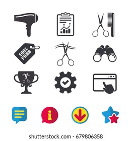 Hairdresser icons. Scissors cut hair symbol. Comb hair with hairdryer symbol. Barbershop winner award cup. Browser window, Report and Service signs. Binoculars, Information and Download icons. Vector