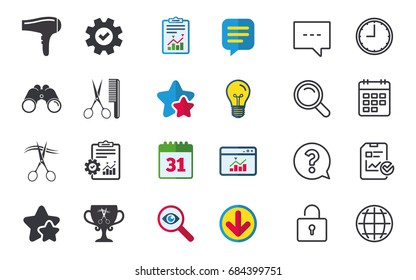 Hairdresser icons. Scissors cut hair symbol. Comb hair with hairdryer symbol. Barbershop winner award cup. Chat, Report and Calendar signs. Stars, Statistics and Download icons. Vector