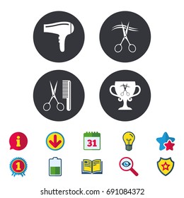 Hairdresser icons. Scissors cut hair symbol. Comb hair with hairdryer symbol. Barbershop winner award cup. Calendar, Information and Download signs. Stars, Award and Book icons. Vector