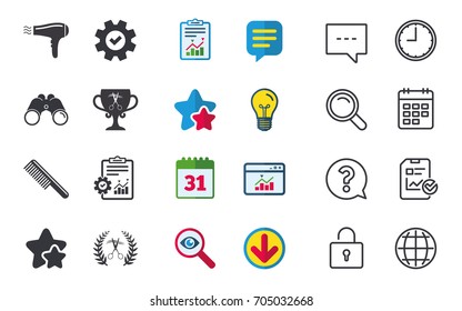 Hairdresser icons. Scissors cut hair symbol. Comb hair with hairdryer symbol. Barbershop laurel wreath winner award. Chat, Report and Calendar signs. Stars, Statistics and Download icons. Vector
