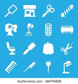 hairdresser icons set. Set of 16 hairdresser filled icons such as comb, barber brush, hair brush, manicure scissors, salon hair dryer, beauty salon, mirror