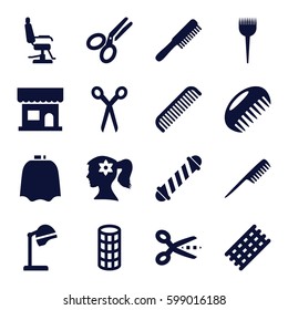 hairdresser icons set. Set of 16 hairdresser filled icons such as comb, barber scissors, barber brush, salon hair dryer, beauty salon, hairdresser peignoir, barber chair