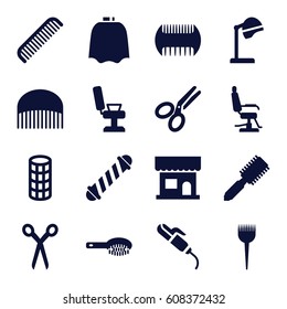 Hairdresser icons set. set of 16 hairdresser filled icons such as barber scissors, comb, barber brush, hair brush, salon hair dryer, beauty salon, hairdresser peignoir