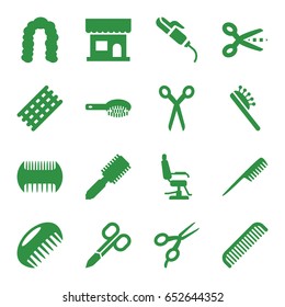 Hairdresser icons set. set of 16 hairdresser filled icons such as comb, barber scissors, hair brush, manicure scissors, beauty salon, barber chair, hair curler, hairstyle
