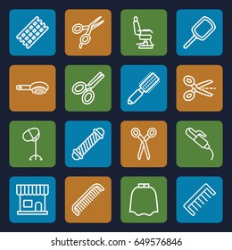 Hairdresser icons set. set of 16 hairdresser outline icons such as barber scissors, comb, hair brush, beauty salon, mirror, hairdresser peignoir, barber chair, hair curler