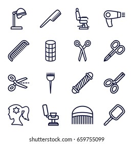 Hairdresser icons set. set of 16 hairdresser outline icons such as barber scissors, comb, hair dryer, barber brush, manicure scissors, salon hair dryer, mirror, barber chair