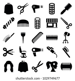 Hairdresser icons. set of 25 editable filled hairdresser icons such as comb, hair dryer, barber brush, hair brush, barber scissors, hairdresser peignoir, barber chair