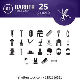 Hairdresser icons. set of 25 editable filled hairdresser icons such as comb, hair dryer, barber brush, hair brush, barber scissors, hairdresser peignoir, barber chair