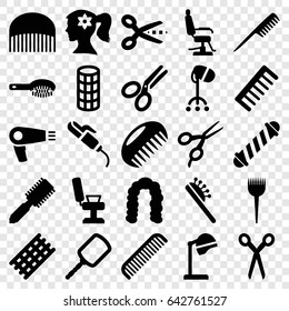 Hairdresser icons set. set of 25 hairdresser filled icons such as comb, barber scissors, hair dryer, barber brush, hair brush, salon hair dryer, mirror, barber chair