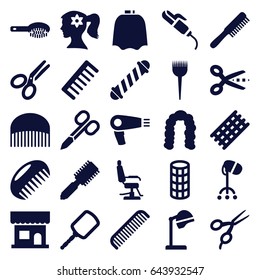 Hairdresser icons set. set of 25 hairdresser filled icons such as comb, hair dryer, barber brush, hair brush, manicure scissors, barber scissors, salon hair dryer