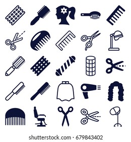 Hairdresser icons set. set of 25 hairdresser filled and outline icons such as comb, barber scissors, hair dryer, hair brush, barber chair, hair curler, hairstyle