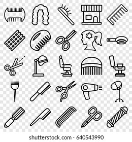 Hairdresser icons set. set of 25 hairdresser outline icons such as comb, hair dryer, barber brush, hair brush, manicure scissors, barber scissors, salon hair dryer