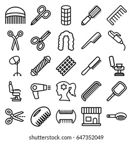 Hairdresser icons set. set of 25 hairdresser outline icons such as comb, barber scissors, hair dryer, hair brush, manicure scissors, beauty salon, mirror, barber chair