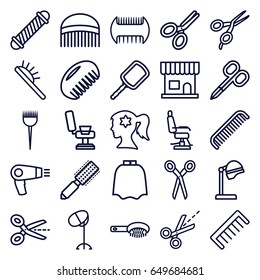 Hairdresser icons set. set of 25 hairdresser outline icons such as comb, barber scissors, hair dryer, barber brush, hair brush, manicure scissors, salon hair dryer