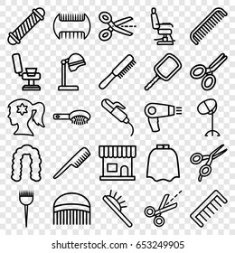 Hairdresser icons set. set of 25 hairdresser outline icons such as comb, hair dryer, barber brush, hair brush, barber scissors, salon hair dryer, beauty salon, mirror