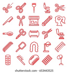 Hairdresser icons set. set of 25 hairdresser outline icons such as comb, barber scissors, barber brush, hair brush, manicure scissors, salon hair dryer, beauty salon, mirror