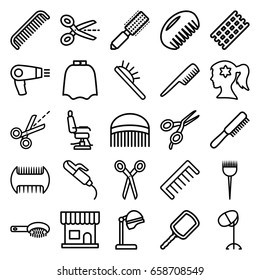 Hairdresser icons set. set of 25 hairdresser outline icons such as comb, barber scissors, hair dryer, barber brush, hair brush, salon hair dryer, beauty salon, mirror