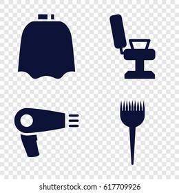 Hairdresser icons set. set of 4 hairdresser filled icons such as hair dryer, barber brush, hairdresser peignoir