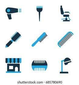 Hairdresser icons set. set of 9 hairdresser bi-color icons such as comb, hair dryer, barber brush, hair brush, salon hair dryer, beauty salon