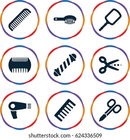 Hairdresser icons set. set of 9 hairdresser filled icons such as comb, hair dryer, hair brush, manicure scissors, mirror, hair curler