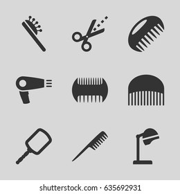 Hairdresser icons set. set of 9 hairdresser filled icons such as comb, hair dryer, salon hair dryer, mirror, hair brush