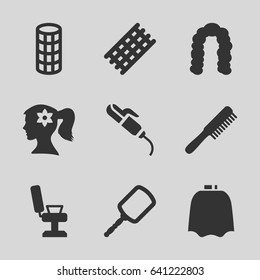 Hairdresser icons set. set of 9 hairdresser filled icons such as comb, mirror, hairdresser peignoir, barber chair, hair curler, hairstyle